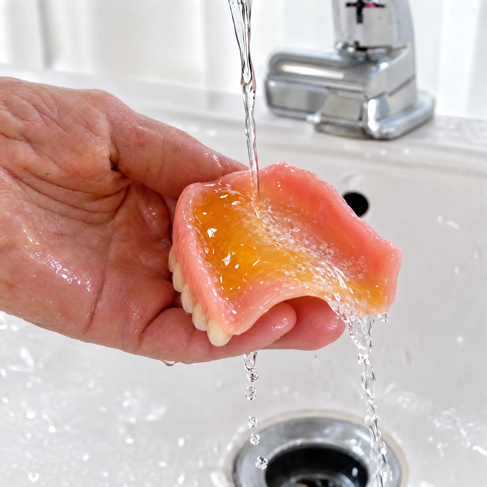 Denture being rinsed under running water